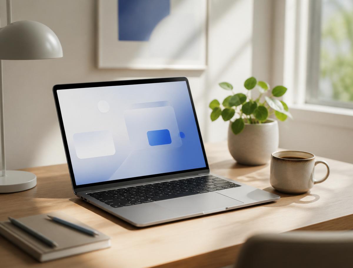 Modern workspace with laptop, plant and coffee