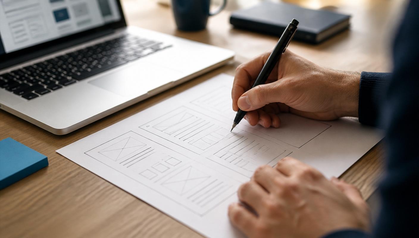 Sketching website wireframes next to a laptop